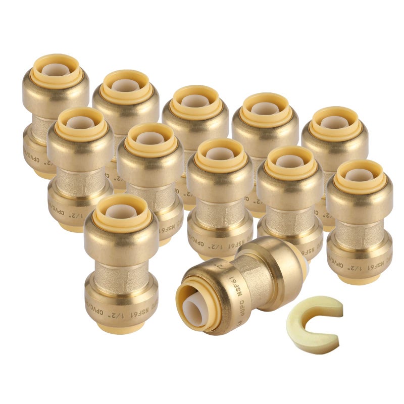 GUOFIS 12Pack 1/2 Inch Pushfit Straight Coupling  PEX Brass Push-fit Coupling with Disconnect Clip  Push-to-Connect Plumbing Fittings for PEX  Copper  CPVC - Image 1